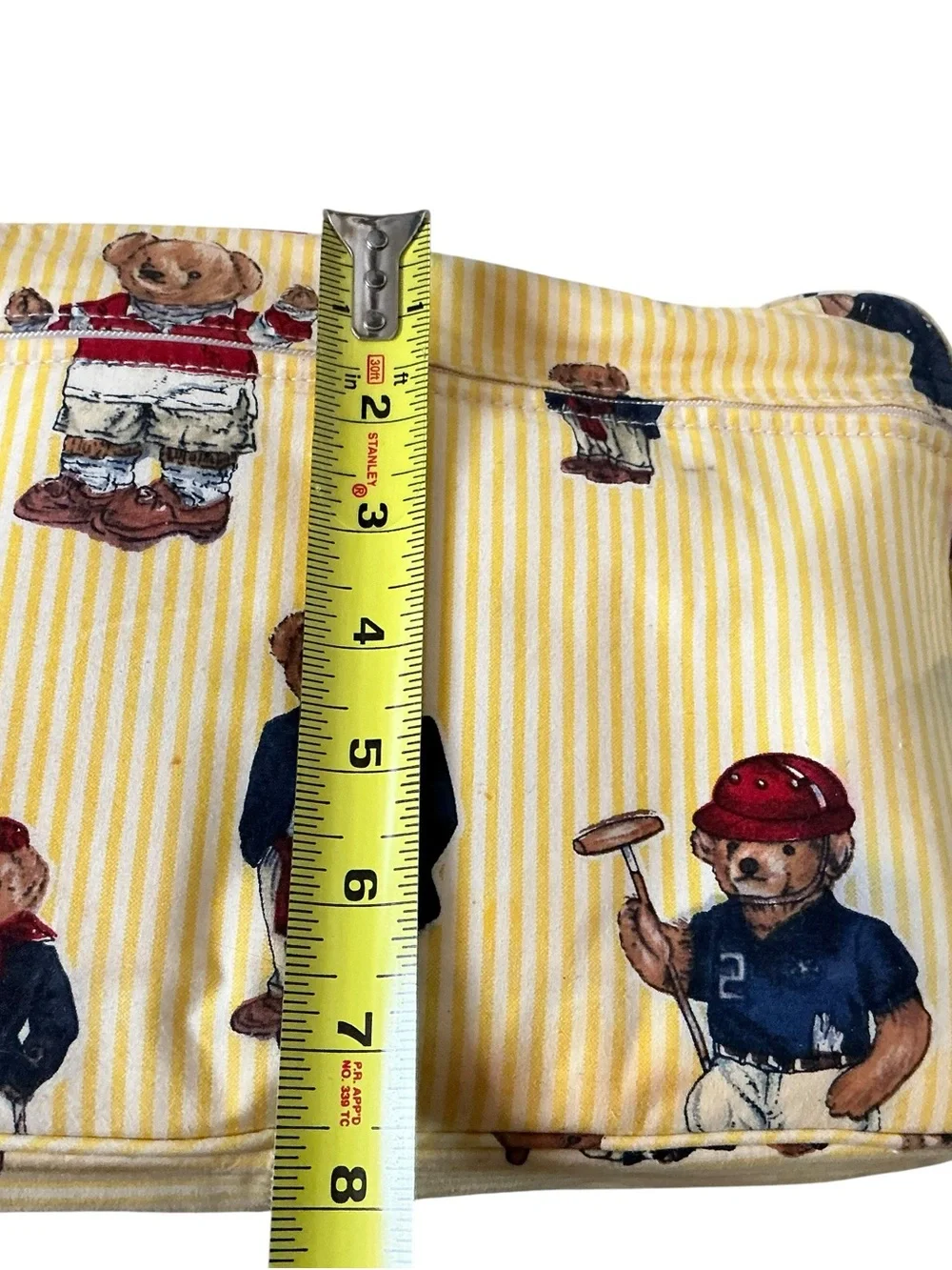 Vintage Ralph Lauren Polo Bear cosmetic travel bag yellow white pinstriped